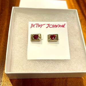 Betsey Johnson ❤️ gold tone envelope with red crystal hearts earrings